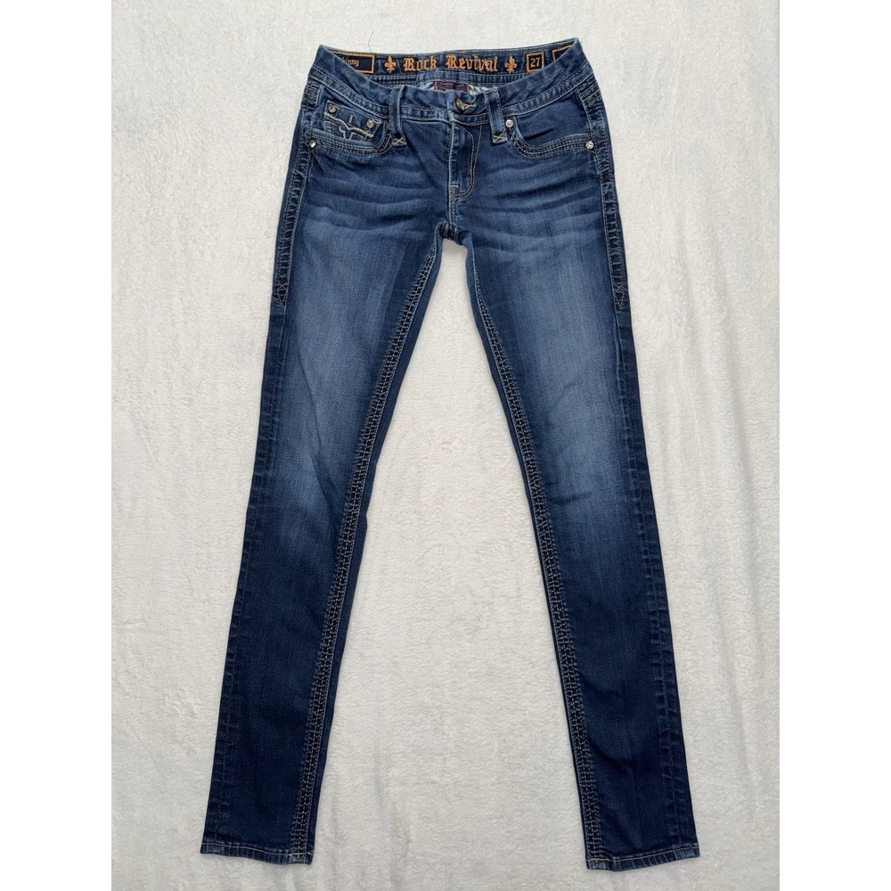 Rock Revival Women's Alivia Skinny Dark Wash Low Rise Jeans Studded Sz 27